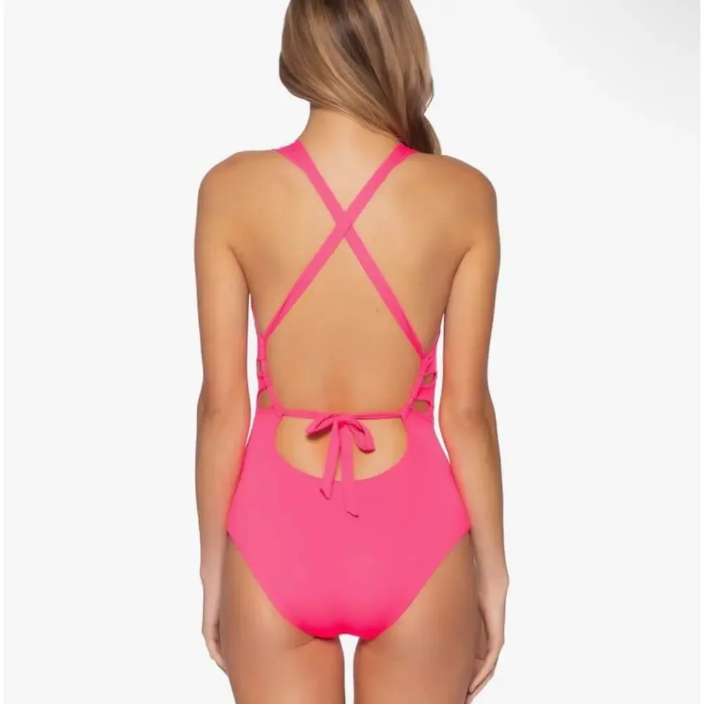 New Becca virtue one piece swimsuit ice blue ribbed textured